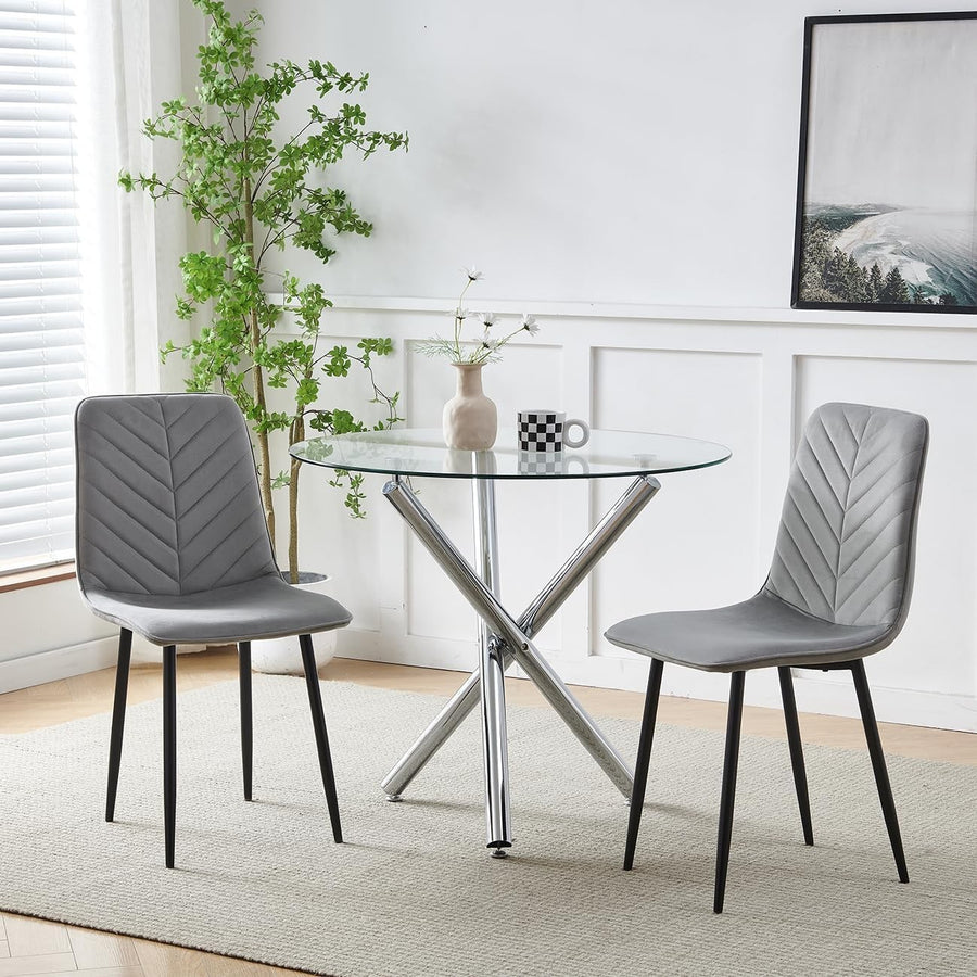 Compact Round Glass Dining Table with 2 Grey Velvet Chairs – Modern Set