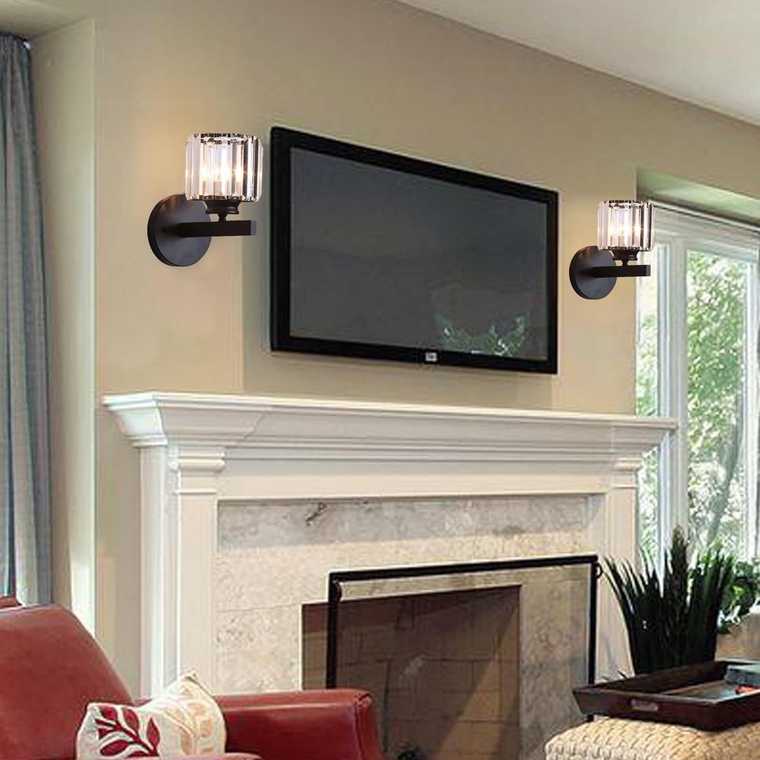 Cordless Black Glass Wall Sconces 2-Pack, Remote Dimmable Battery Lights