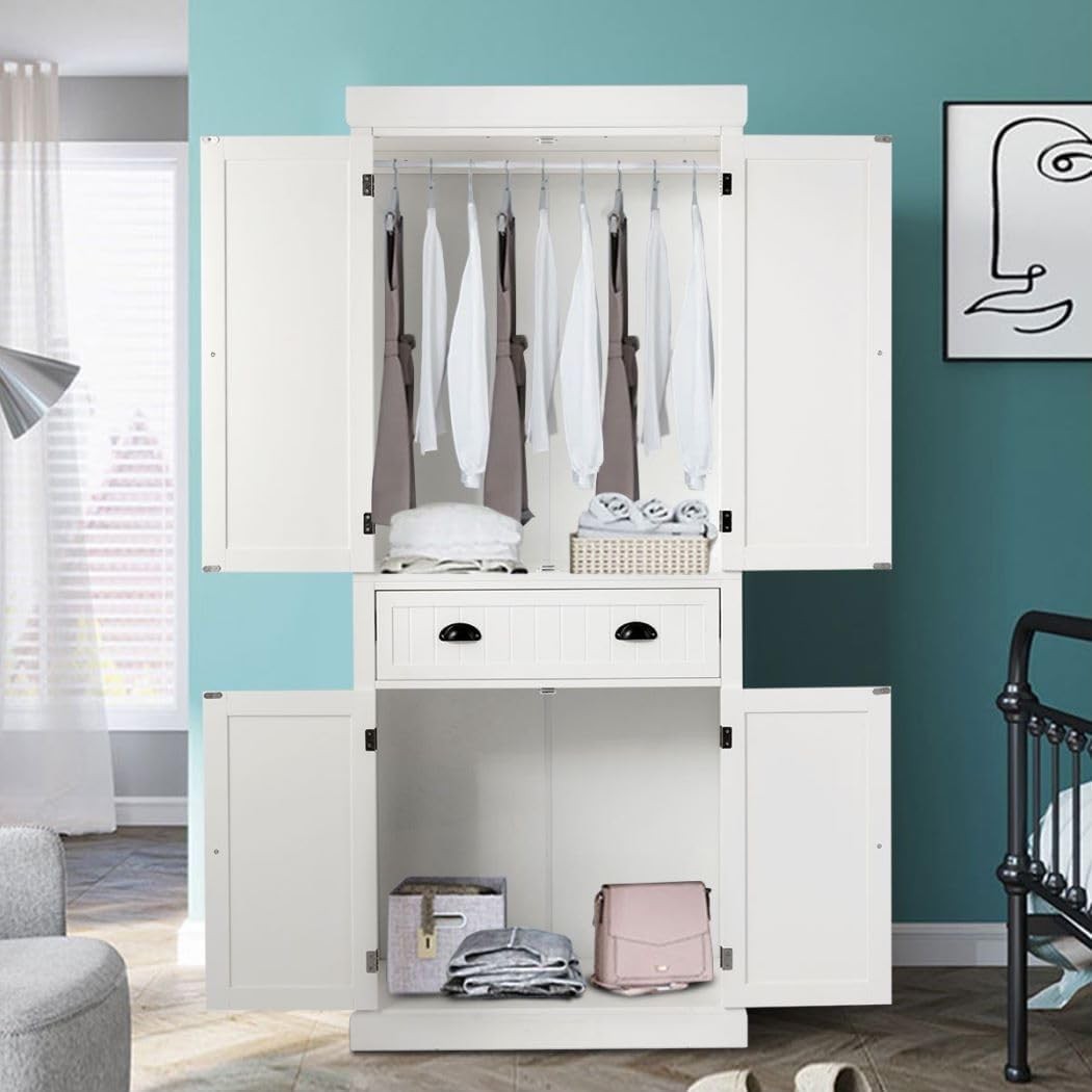 White Tall Kitchen Cupboard 4 Door Pantry Cabinet | Freestanding Sideboard