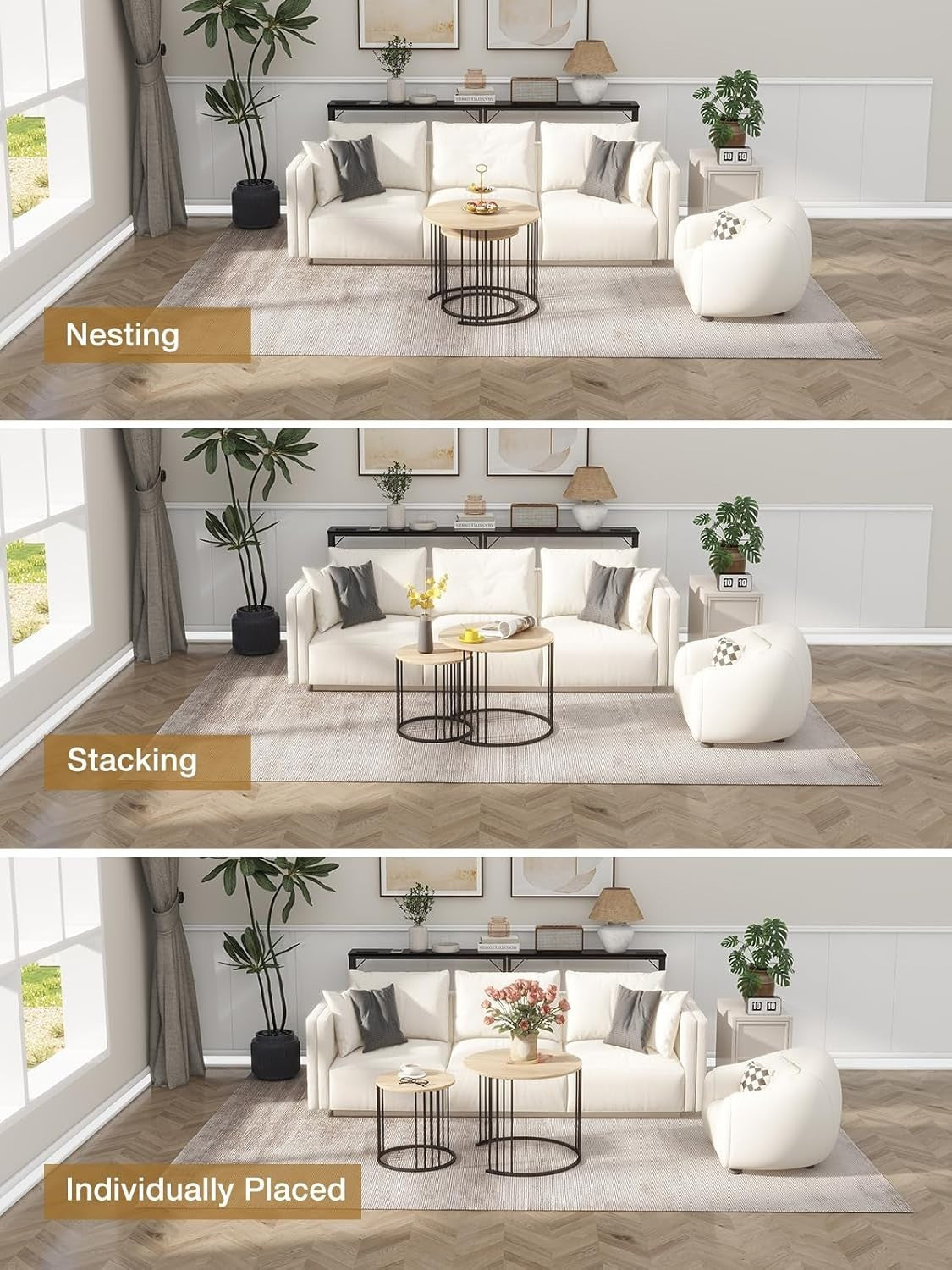 Nesting Coffee Table Set Wood Top Sled Base Modern Living Room Home Furniture