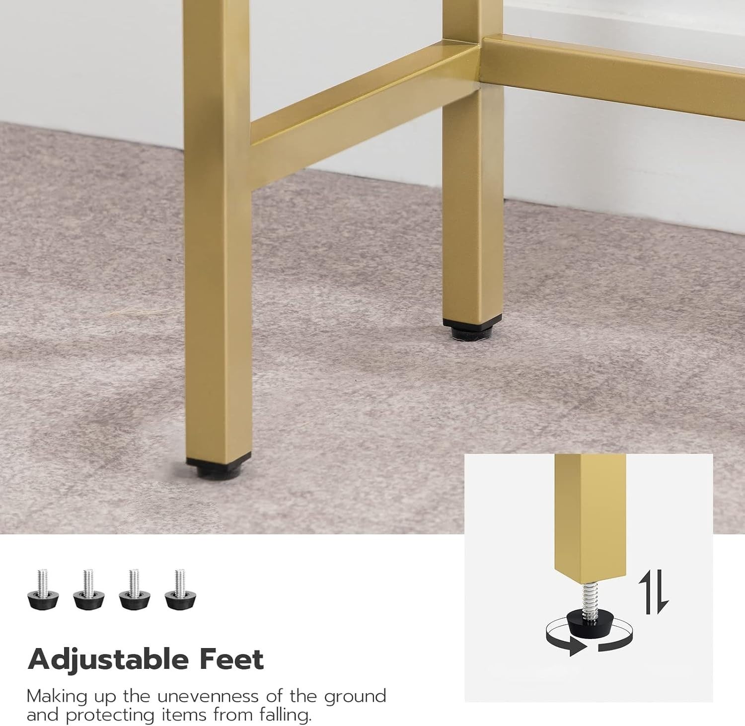 Slim Gold Console Table with Tempered Glass, Adjustable Feet, 100x22x80 cm