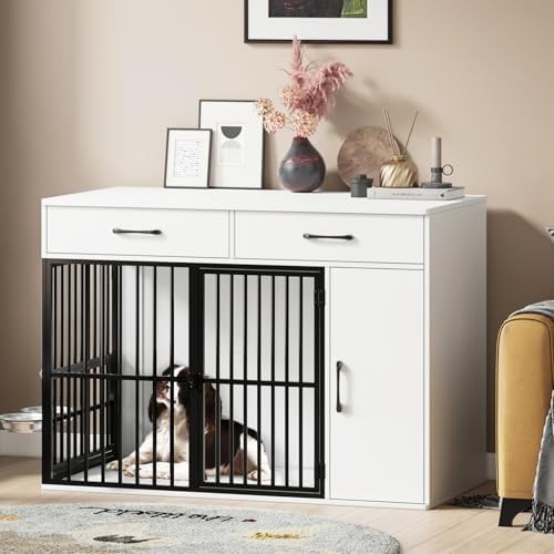 Large Wooden Dog Crate Furniture with Drawers & Side Cabinet