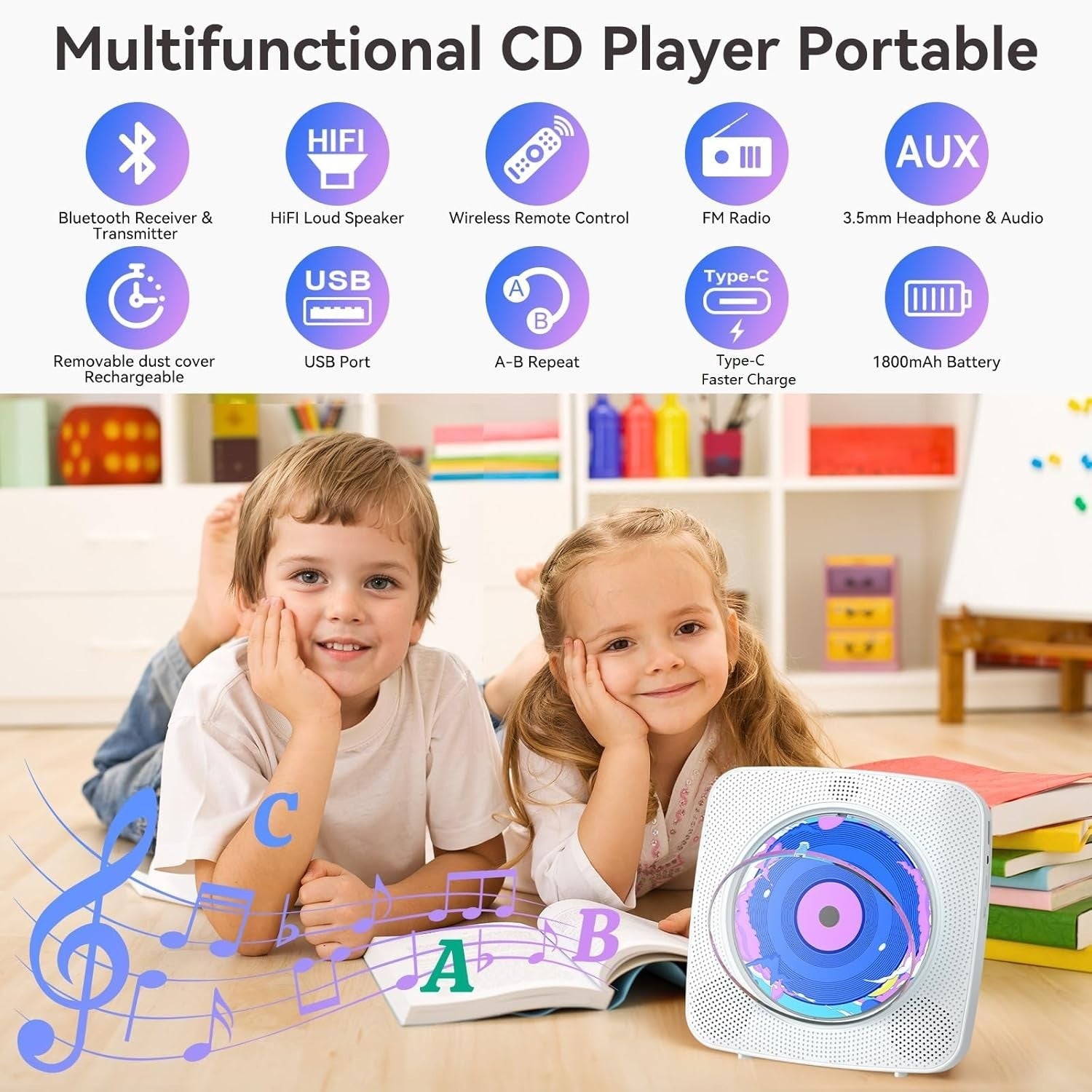 Portable CD Player Bluetooth Speakers FM Radio USB AUX Remote Wall Mount