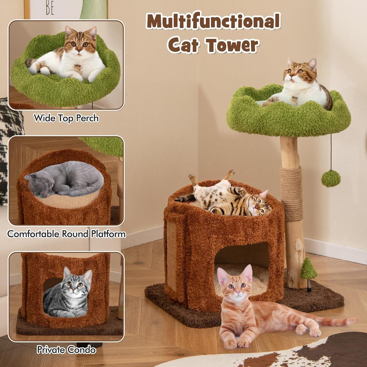 Cat Tree with Condo Scratching Post Hanging Toy Modern Indoor Kitten Tower