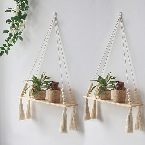 Boho Macrame Hanging Shelves Set of 2 Rustic Wooden Wall Decor