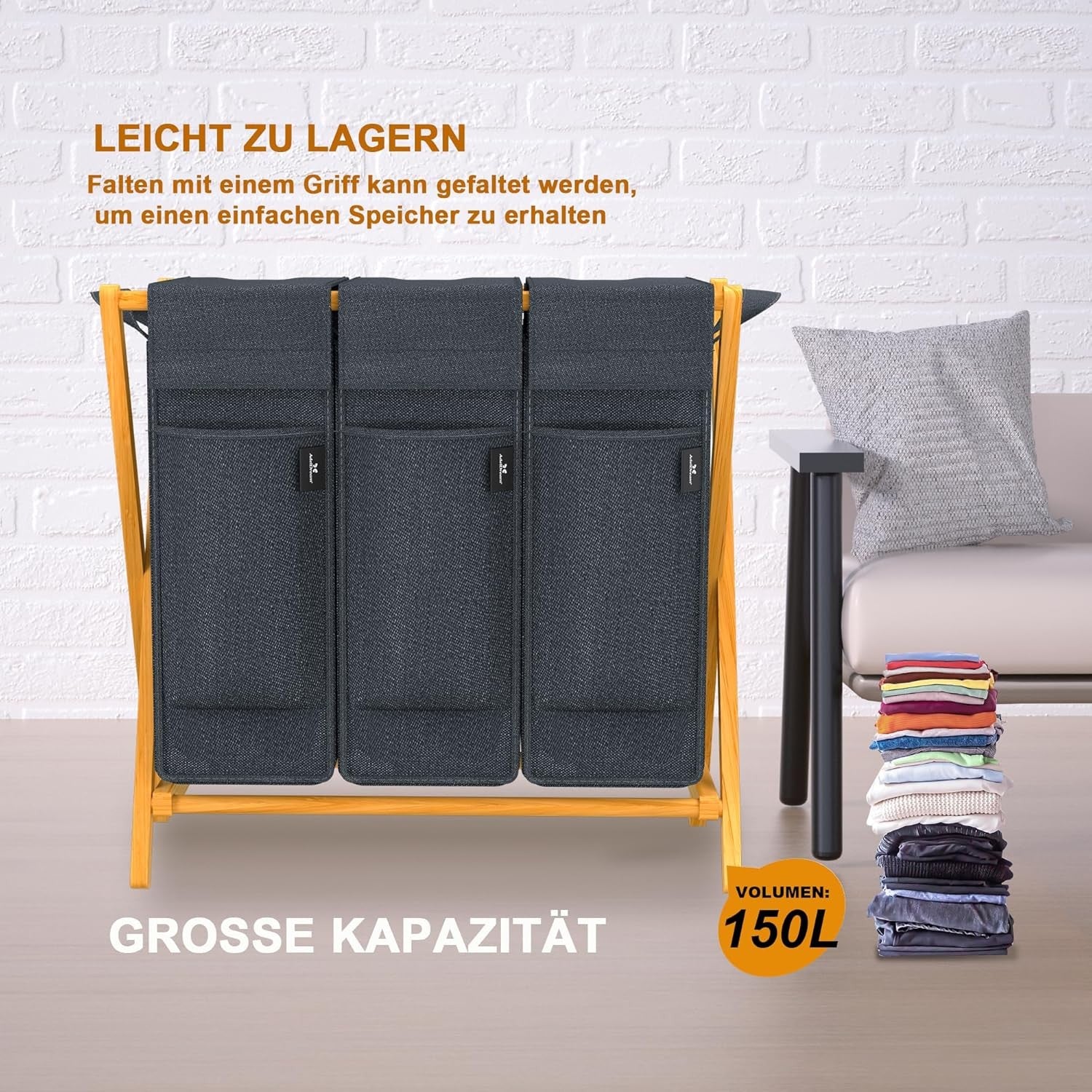 3 Compartment Bamboo Laundry Hamper 150L Foldable Sorting Basket Grey