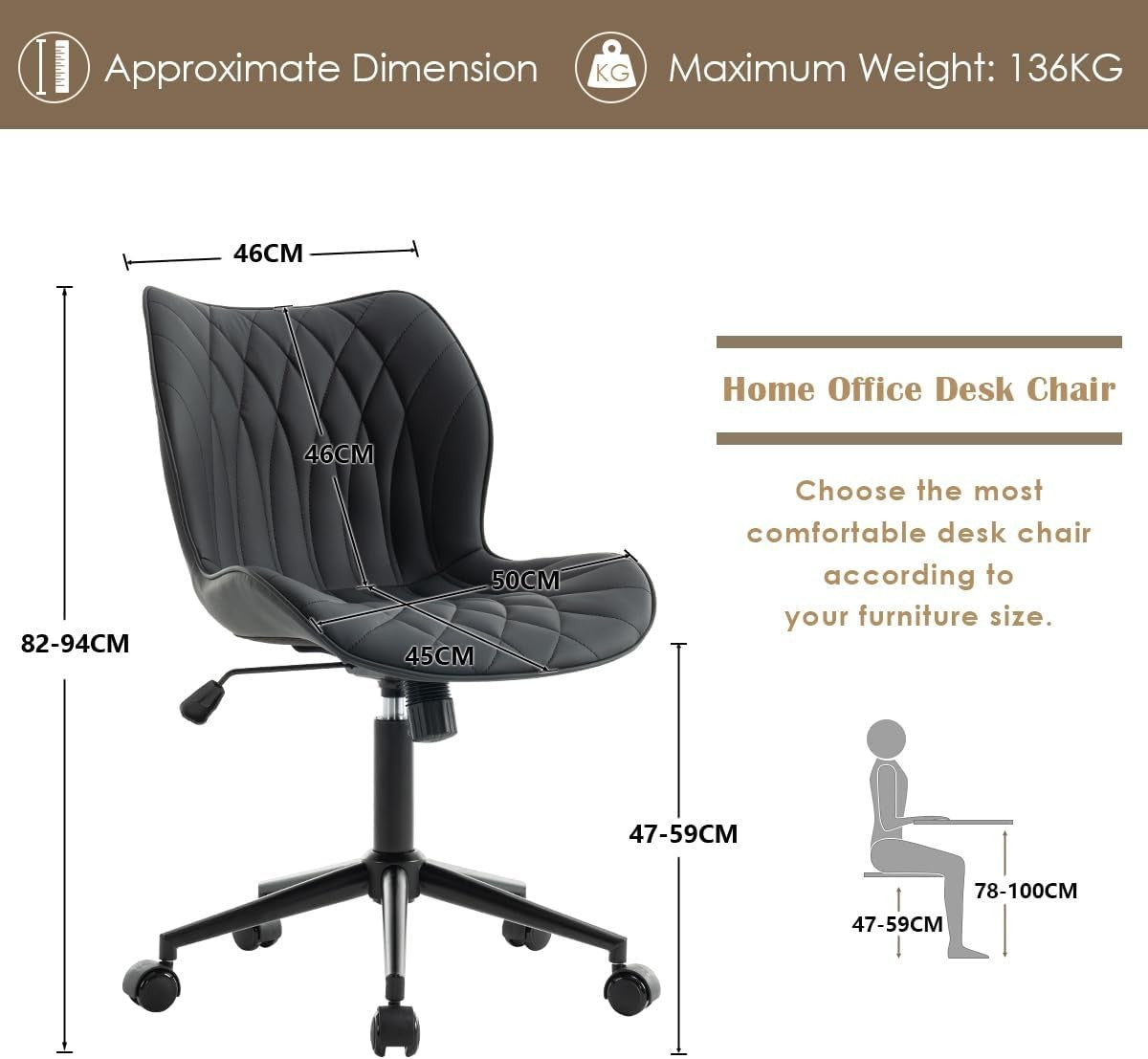 Ergonomic Armless Home Office Desk Chair Swivel Rocking Vanity Faux Leather Max