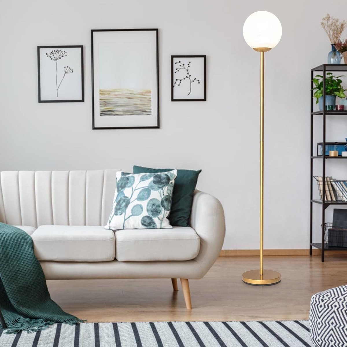 Modern Globe Floor Lamp Brushed Metal Tall Standing Light Bedroom Living Room