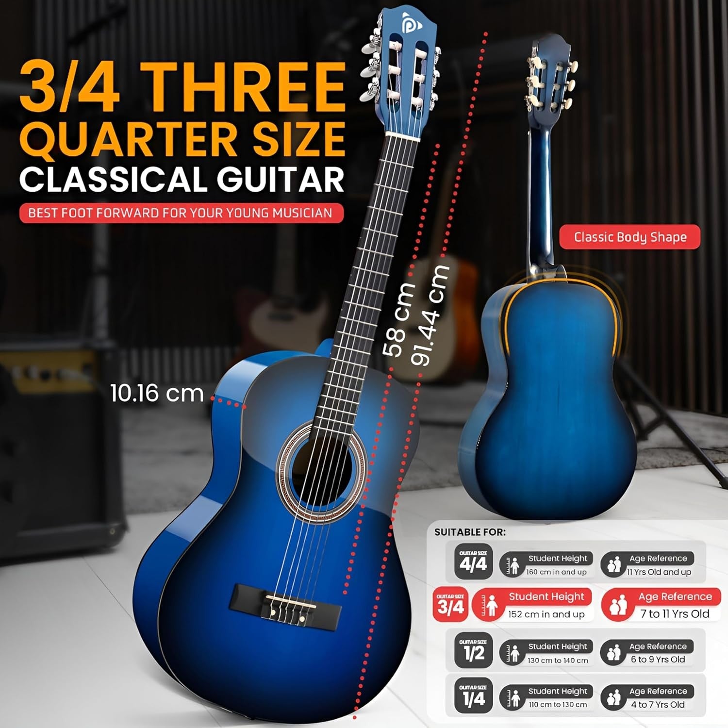 Junior Acoustic Guitar 3/4 Size 36in Nylon String Starter Kit Blue