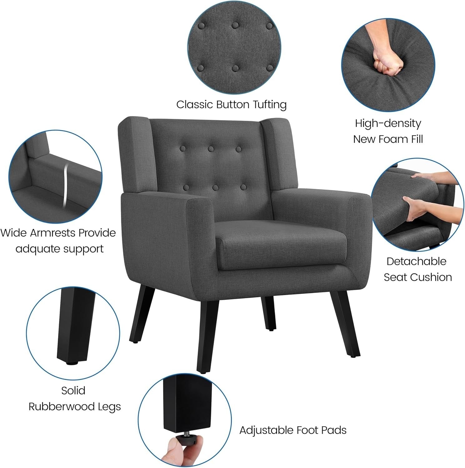 Set of 2 Dark Grey Linen Armchairs | Modern Button Tufted Tub Chairs