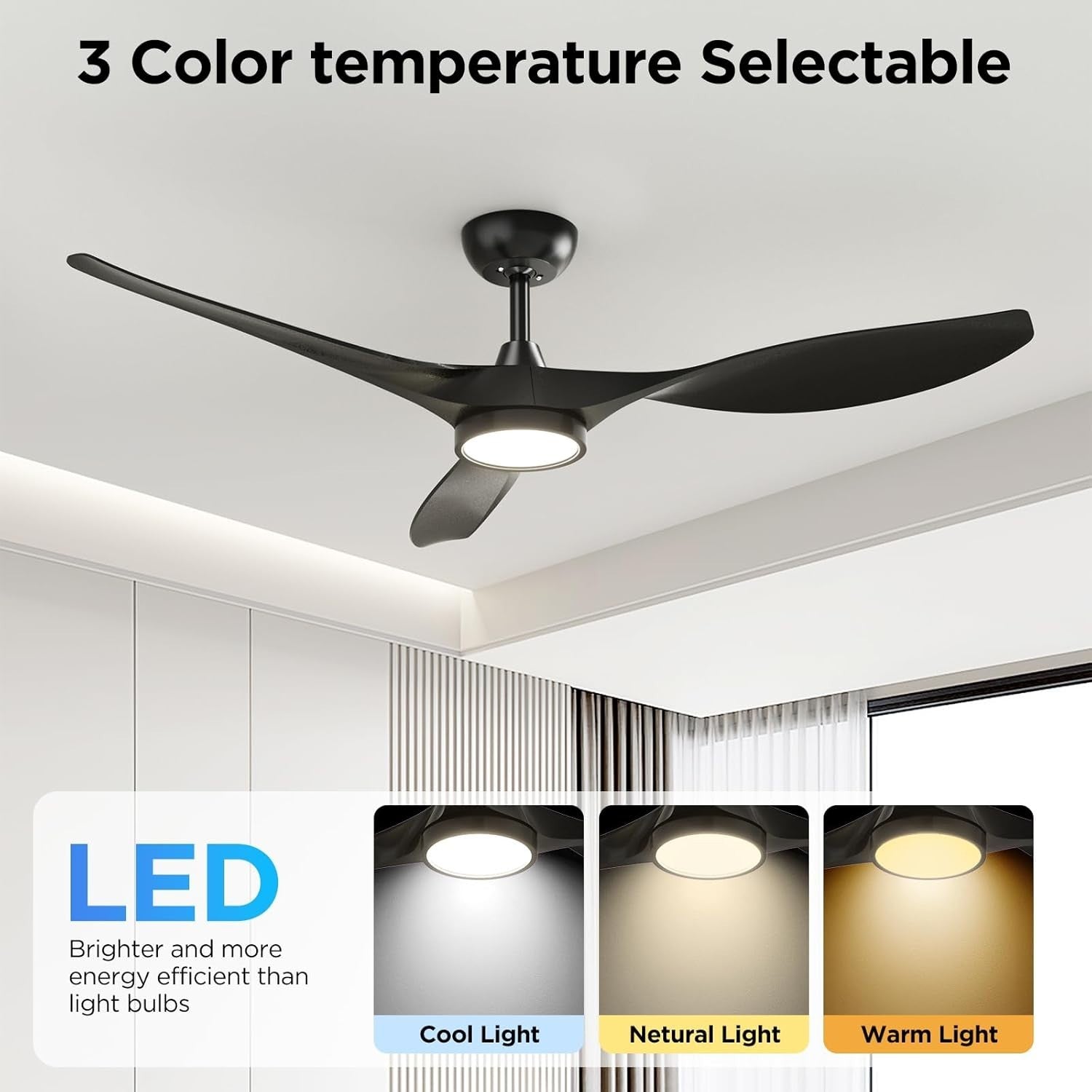 Roomratv 52" Ceiling Fan with Light, 6-Speed DC Motor, Dimmable, Black