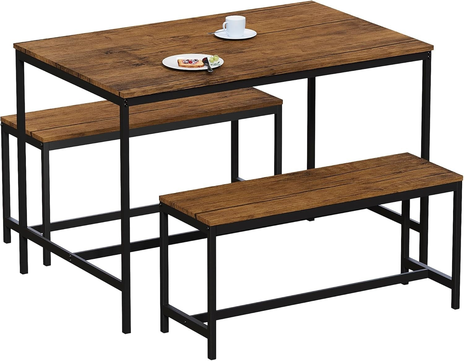 4 Seater Dining Table & Benches Set - Dark Wood Top, Metal Frame Compact