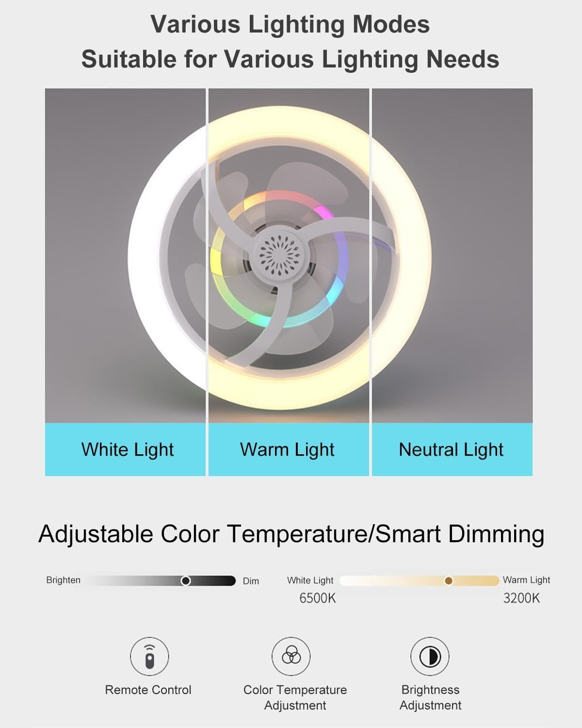 Kaivancy 30W Ceiling Fan with Lights Remote 3 Colors 6 Speeds Quiet