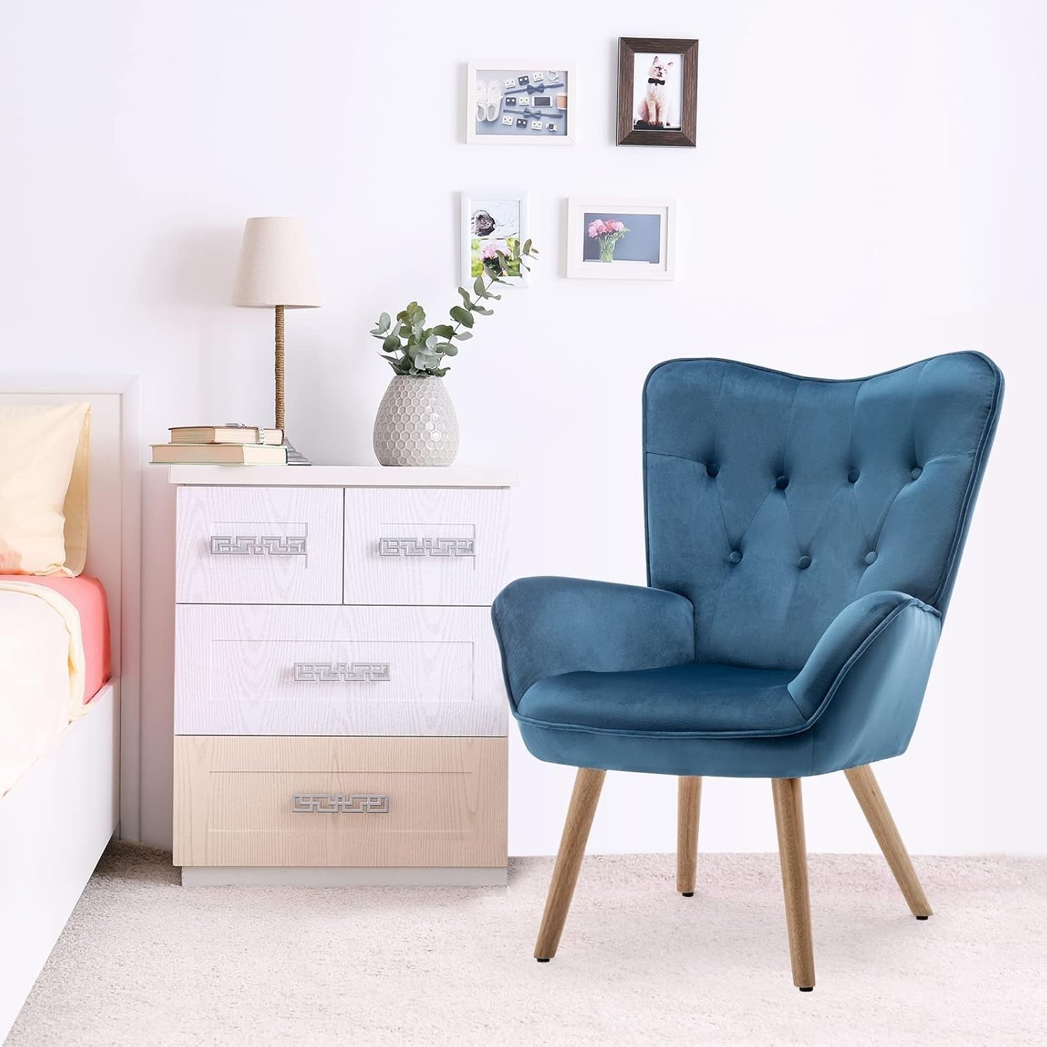 Blue Velvet Armchair with Footstool, Comfy Reading Lounge Chair Set