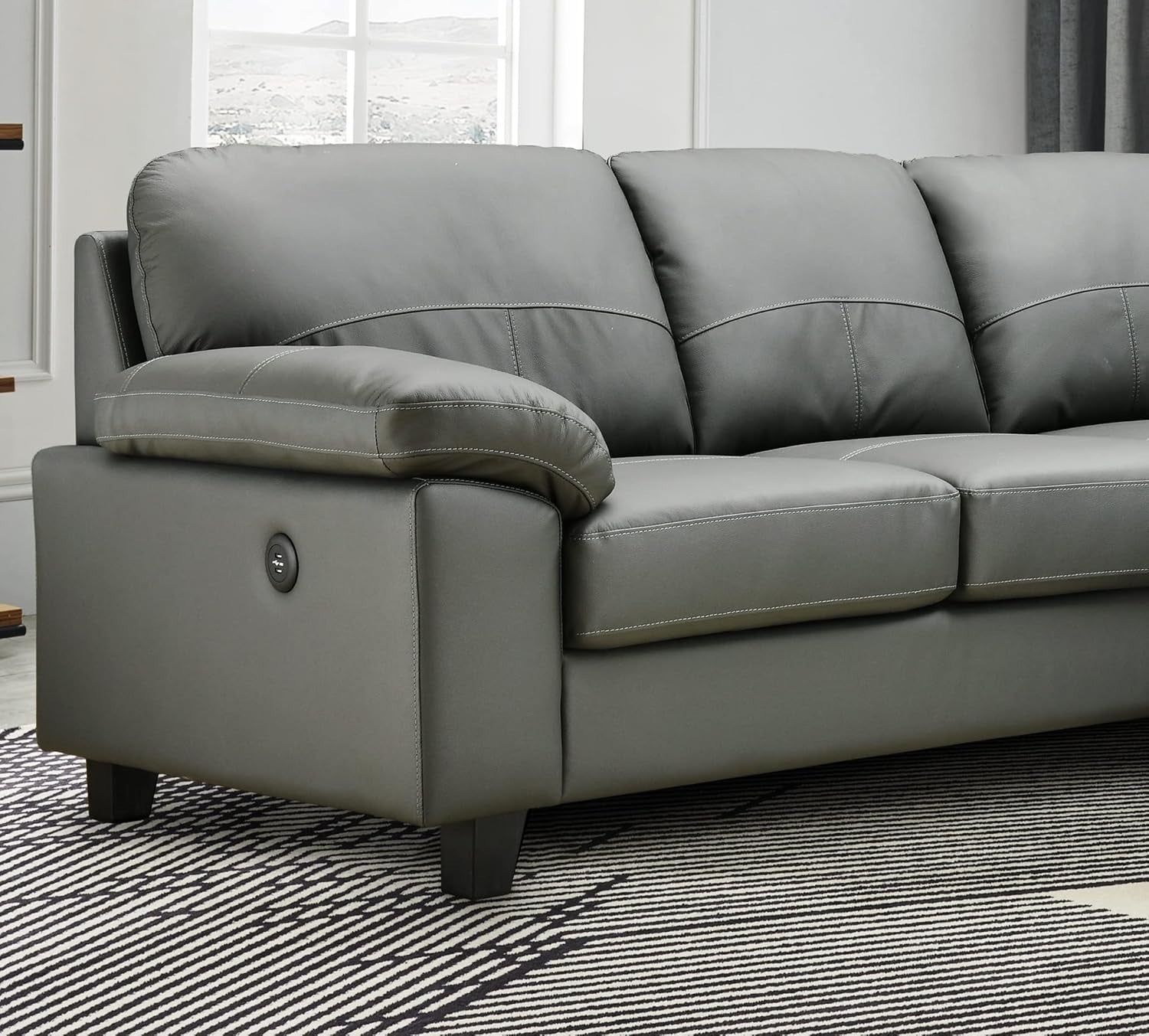 Dark Grey Genuine Leather L-Shape Corner Sofa with USB Ports – Boston