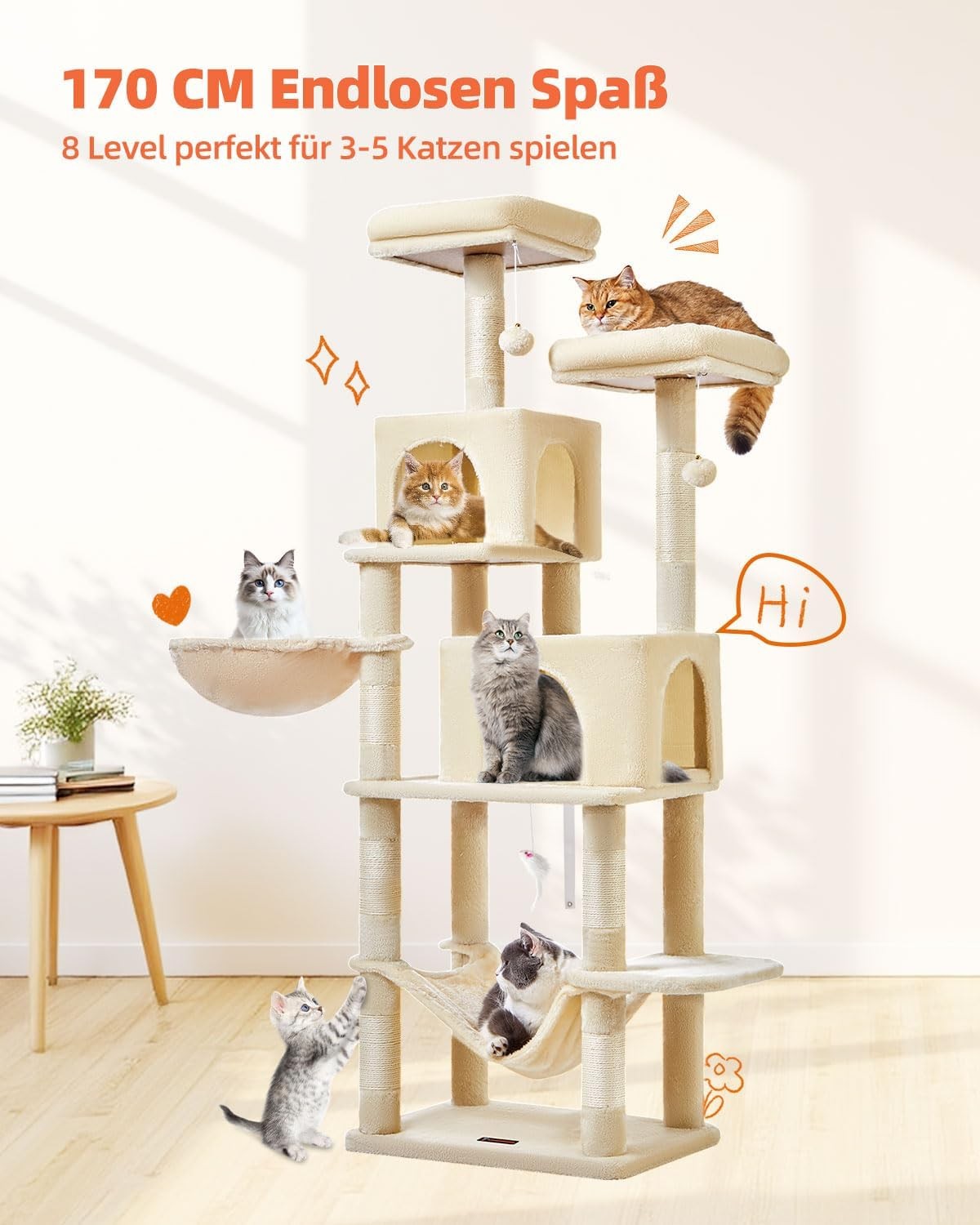 Large Cat Tree Tower 170cm Multi-Level Scratching Posts Condos Hammock