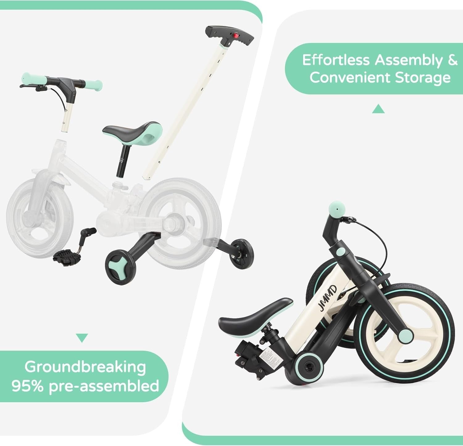 6 in 1 Toddler Bike Balance Pedal Bike Foldable Training Wheels Mint
