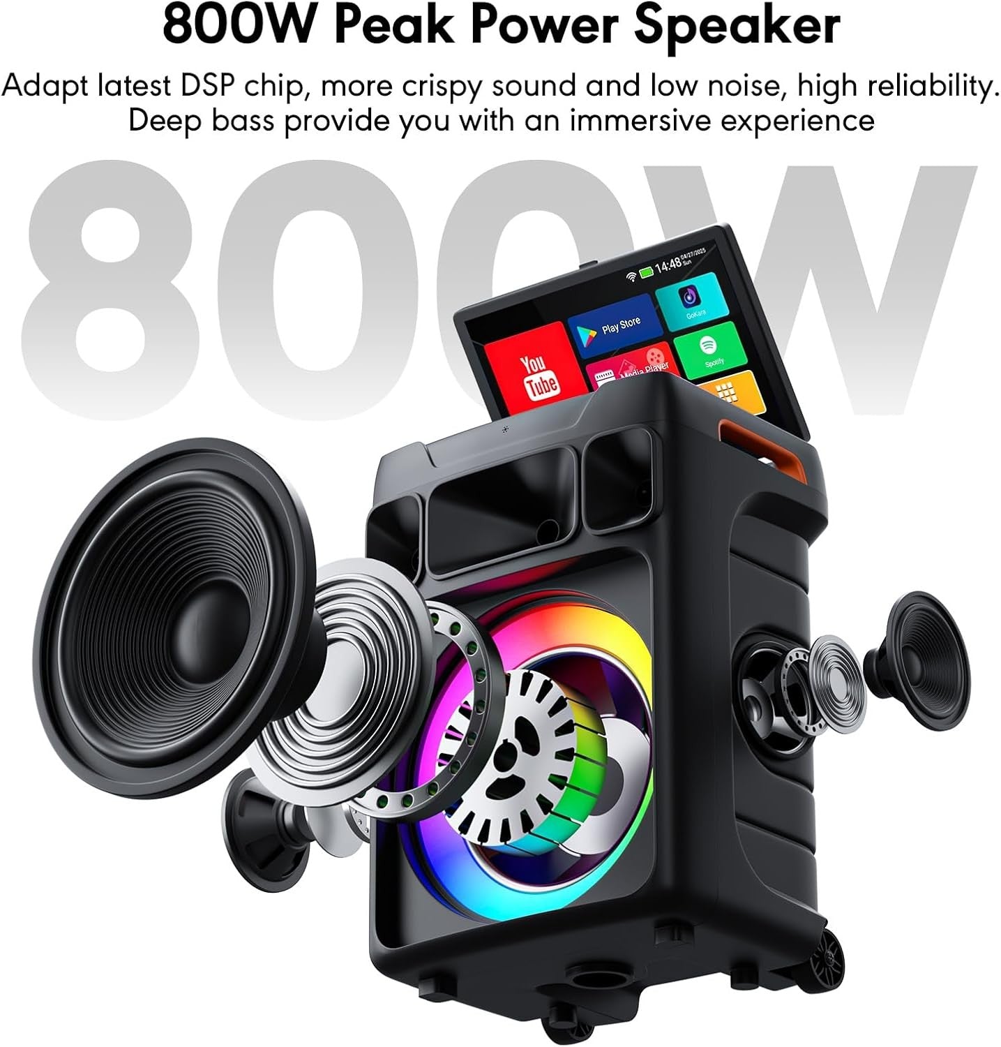 Black Smart Karaoke Machine 14.1" Screen 400W Speaker 2 Mics