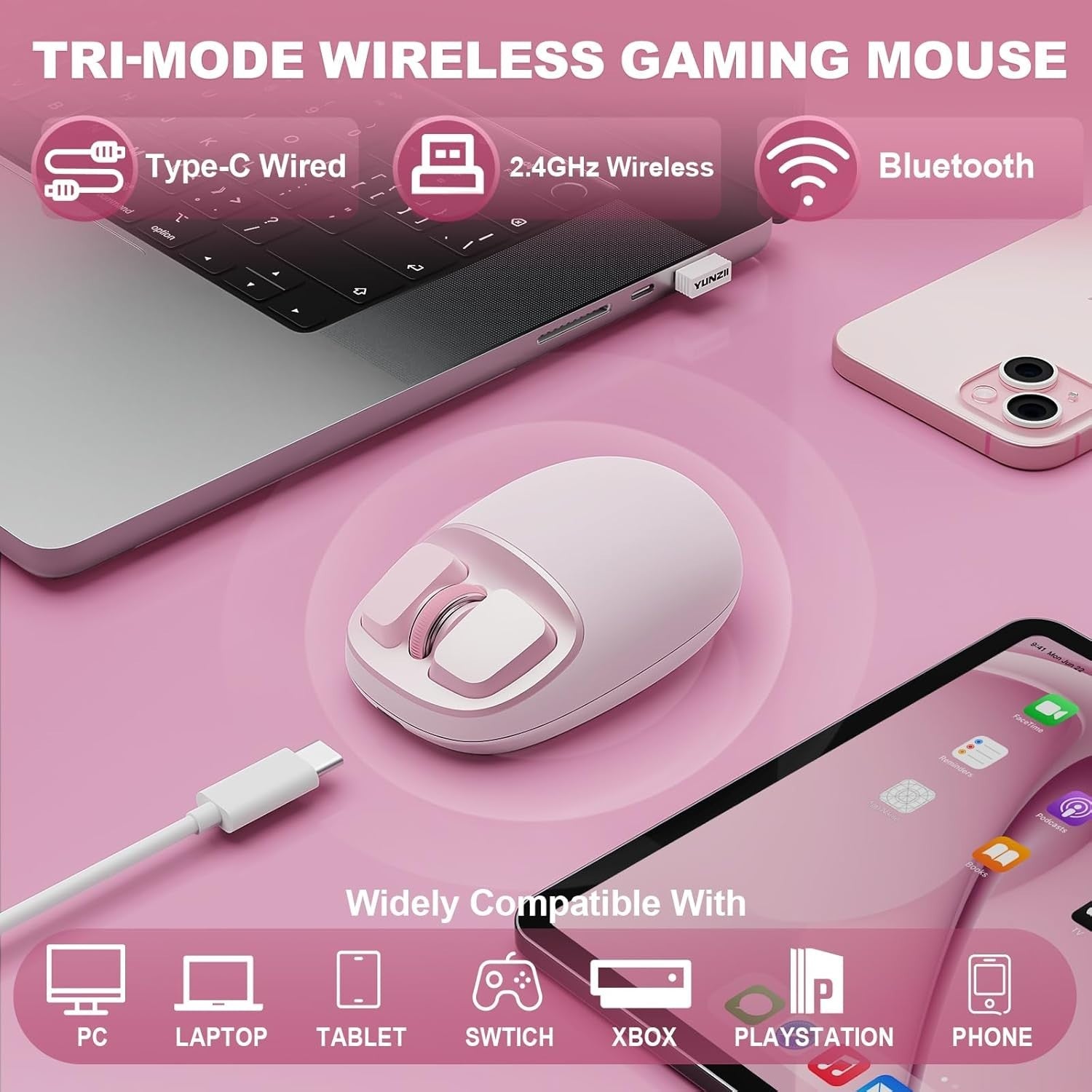 4800 DPI Wireless Mouse Bluetooth 2.4G USB-C Programmable Pink