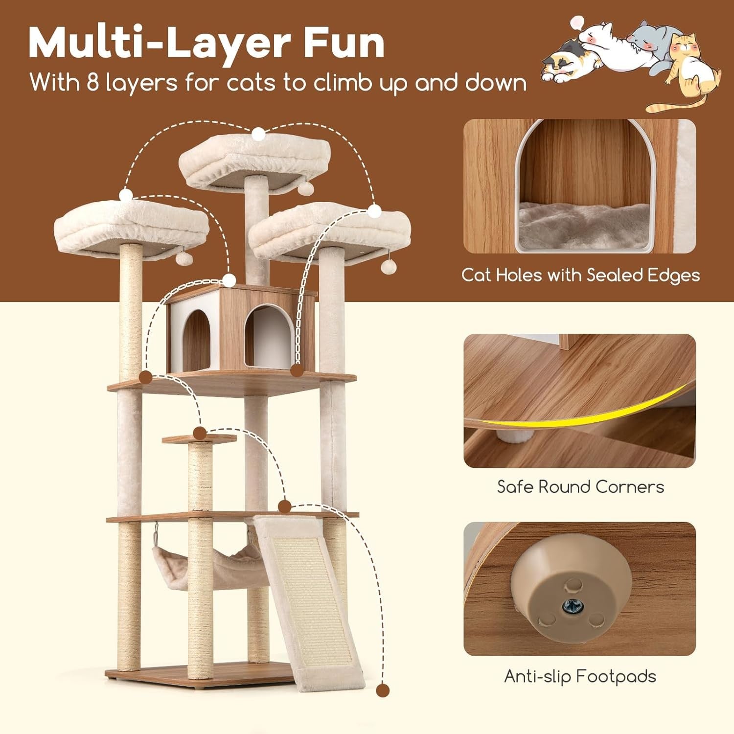 Luxury Wooden Cat Tree 168cm Multi Level Scratching Tower with Hammock Condo