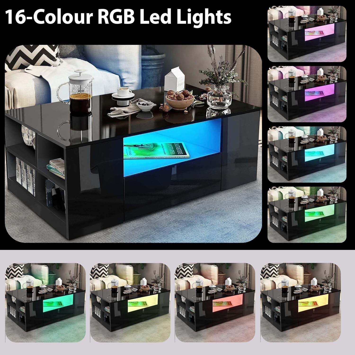 Black High Gloss Coffee Table with LED Lights, 2 Drawers & Storage 95x55x37cm