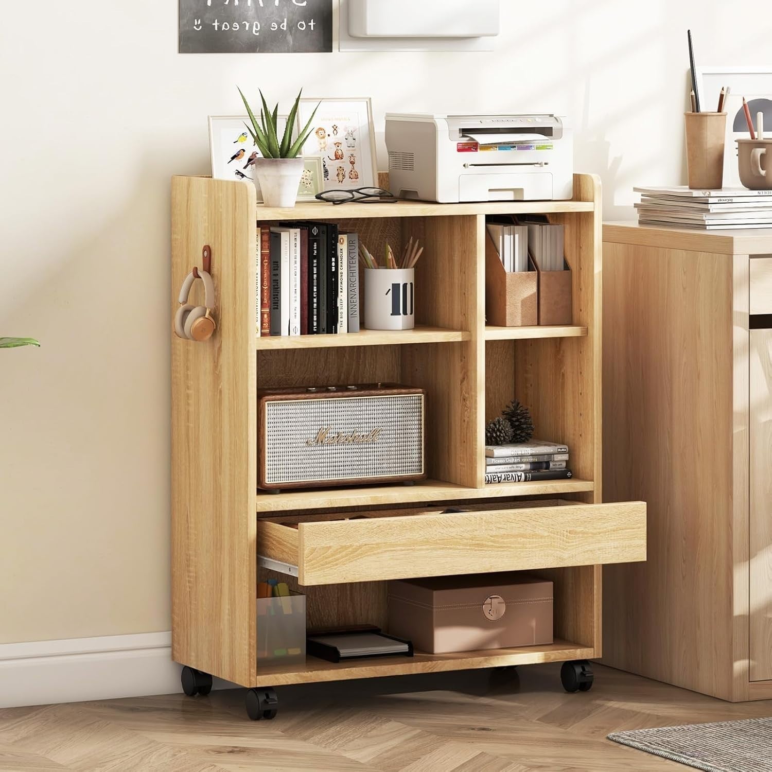 Mobile Bedside Table with Drawer & Shelves | Natural Wood Side Table on Wheels