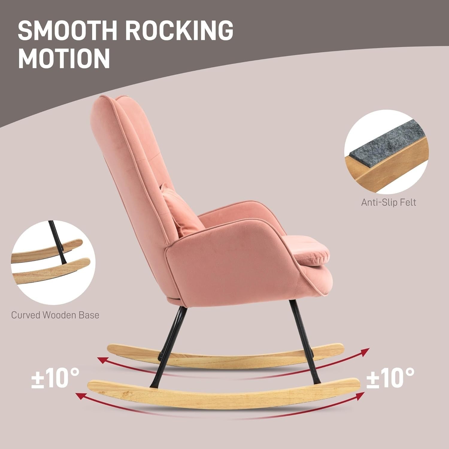 Velvet Rocking Chair with Lumbar Pillow, Wooden Rocker & Metal Legs - Pink