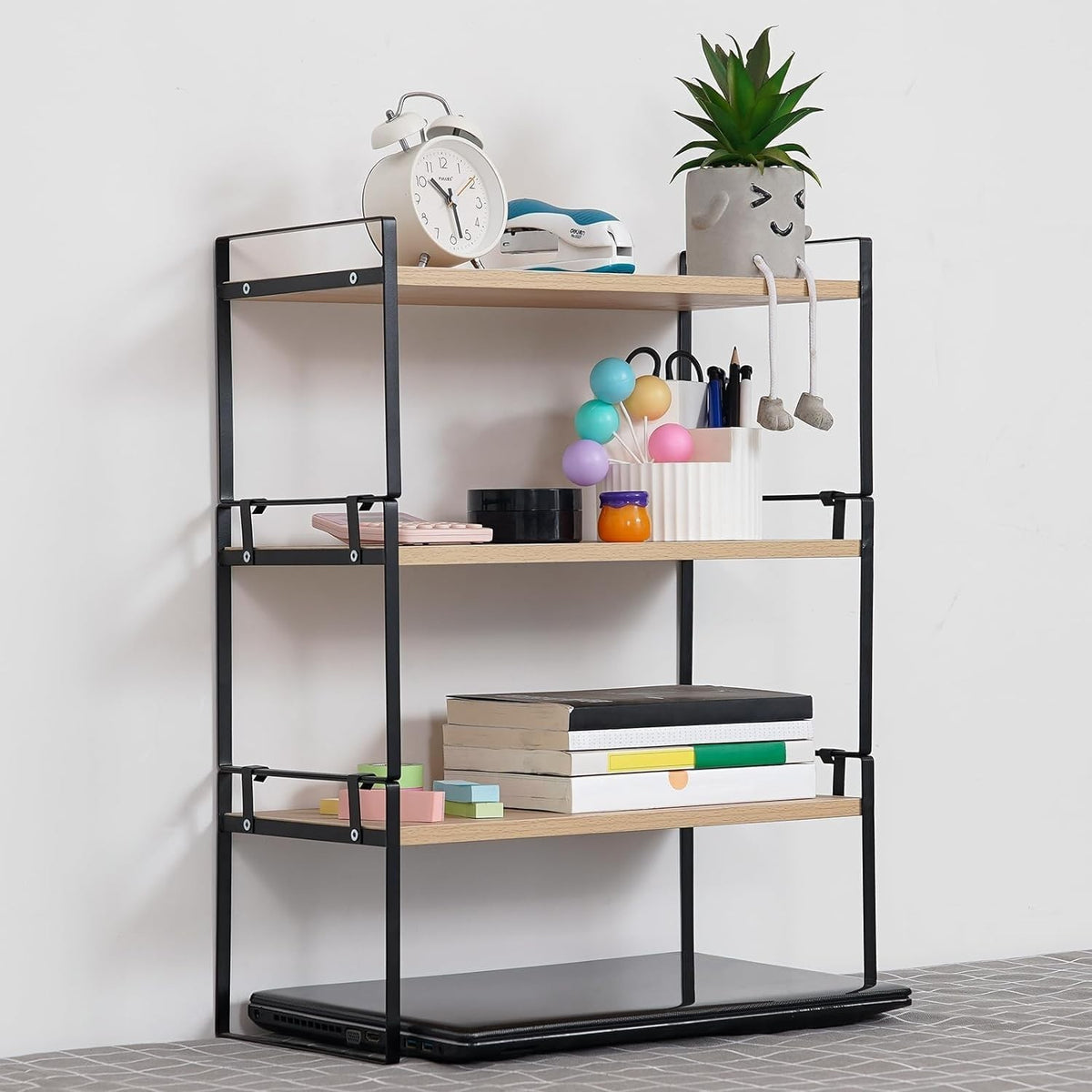 2-Tier Adjustable Wood Desk Shelf Organizer Cute Desktop Storage Rack 40cm