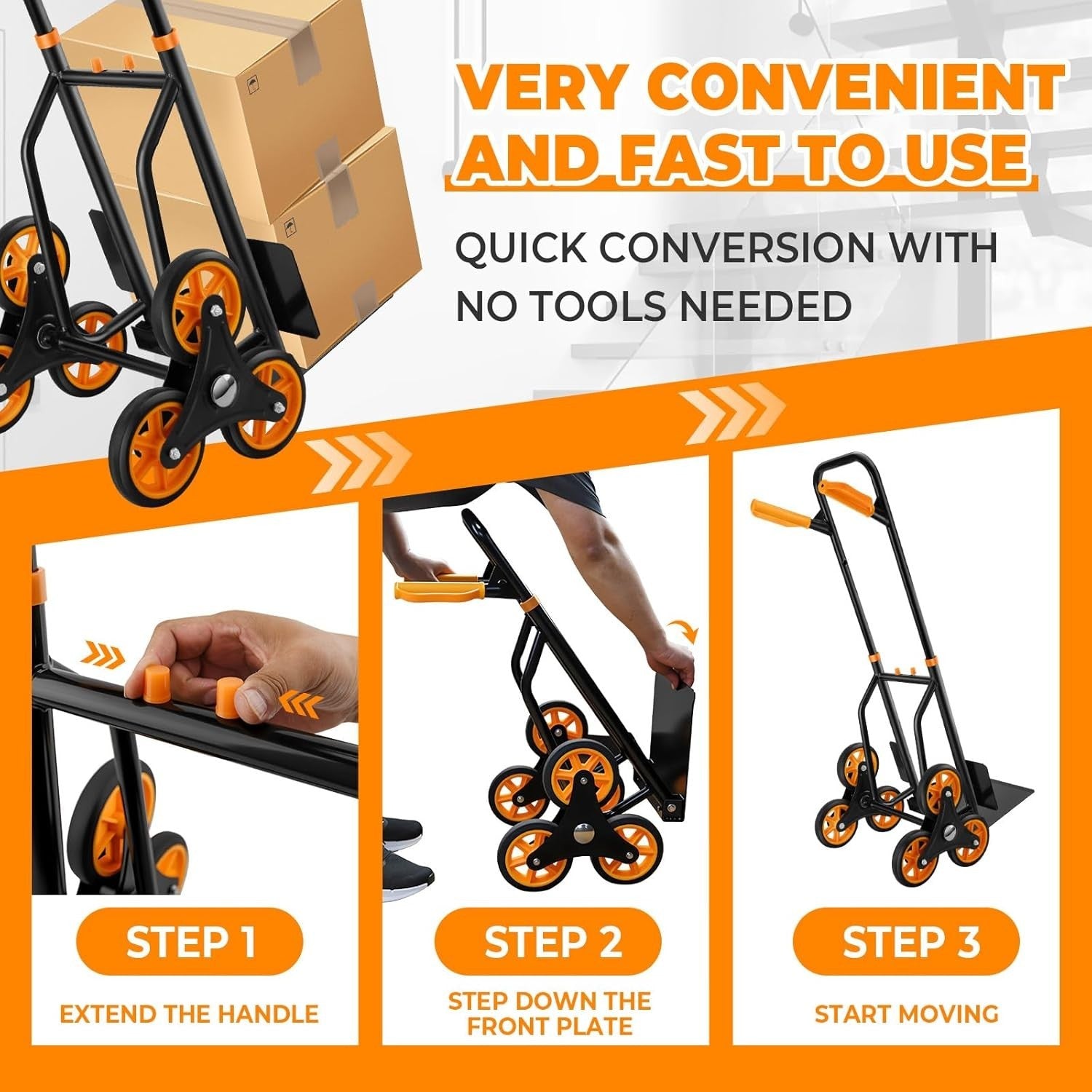 Stair Climbing Hand Truck 440lb Folding 6 Wheel Dolly w Elastic Ropes