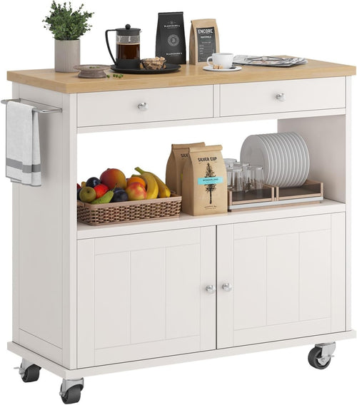 Rolling Kitchen Island Cart with Dual-Top, Drawers & Lockable Wheels 90x40x92cm