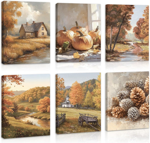 Autumn Landscape Framed Canvas Wall Art Set of 6 Rustic 20x25cm