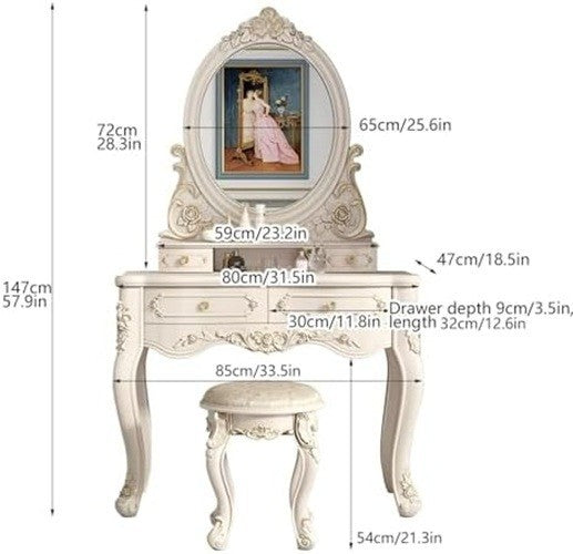 White LED Vanity Dressing Table Set w/3-Light Mirror, Stool, 4 Drawers ABS Plast