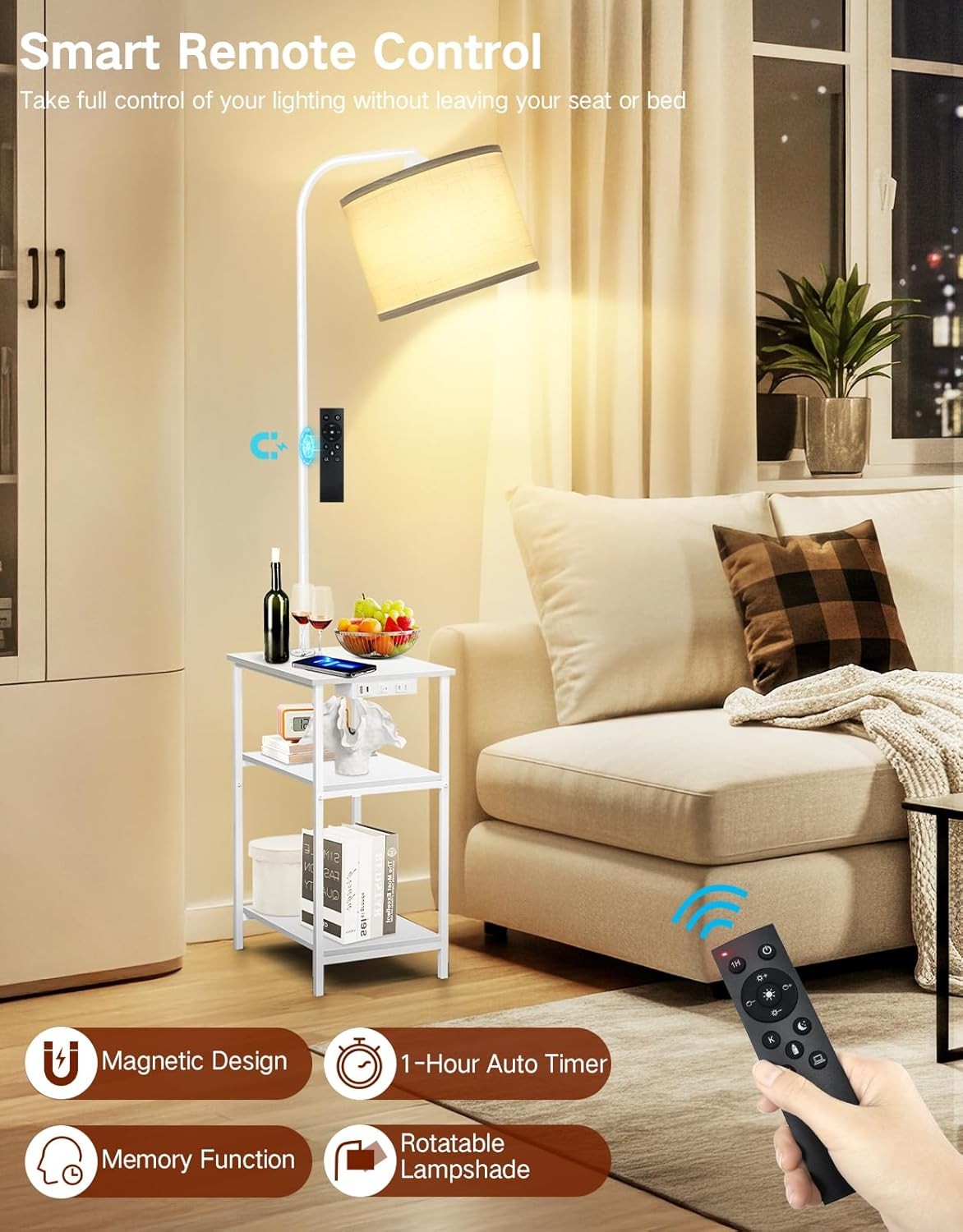 Floor Lamp with Table Remote Charging Station Dimmable LED Nightstand White