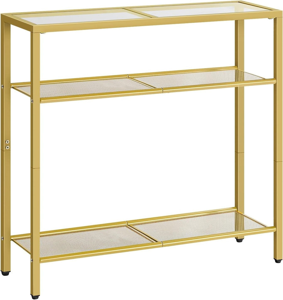 3-Tier Gold Console Table Tempered Glass Shelf Narrow Side Storage