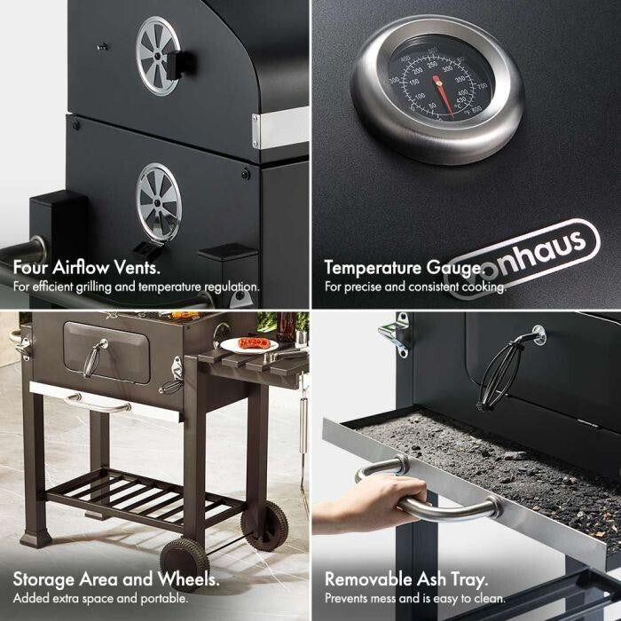 American Style Charcoal BBQ Grill w/ Temp Control, Shelves & Wheels