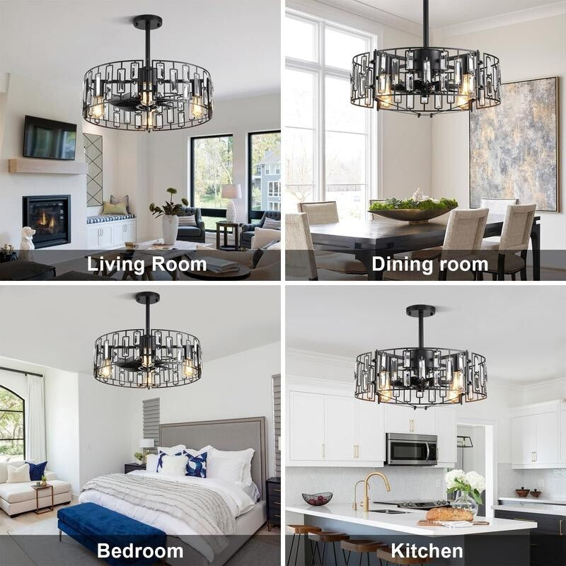 Crystal Ceiling Fan Light Flush Mount Remote App Control 6-Speed E27 Black