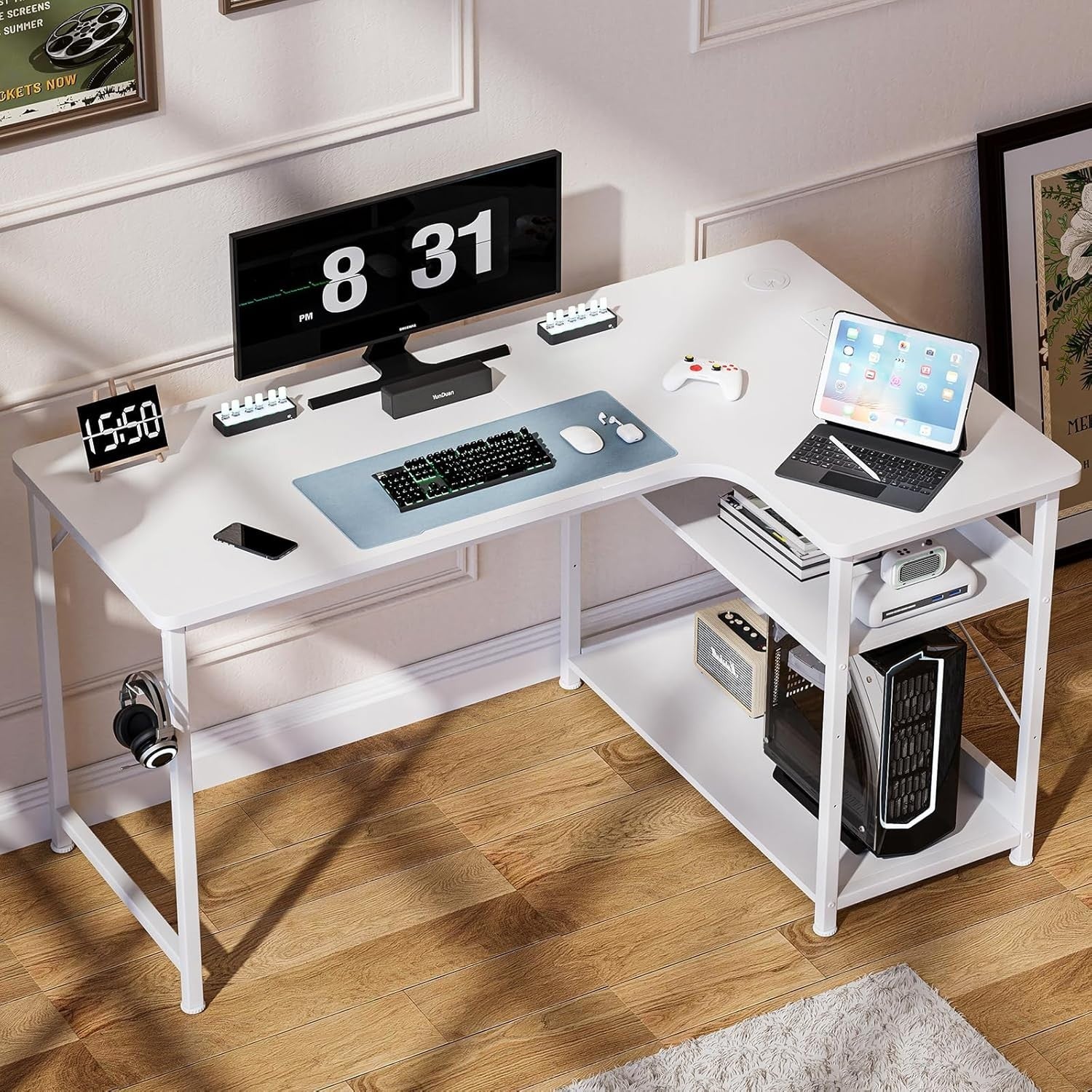 L Shaped White Corner Desk 130x80cm with USB Power & Shelves for Home Office
