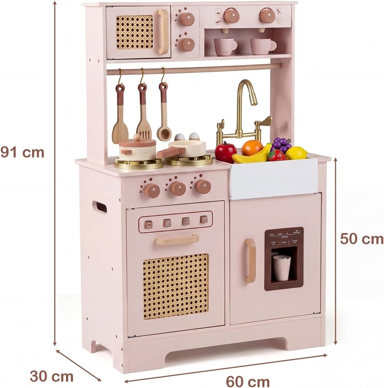 Kids Wooden Play Kitchen Lights Sounds Coffee Maker Ice Dispenser