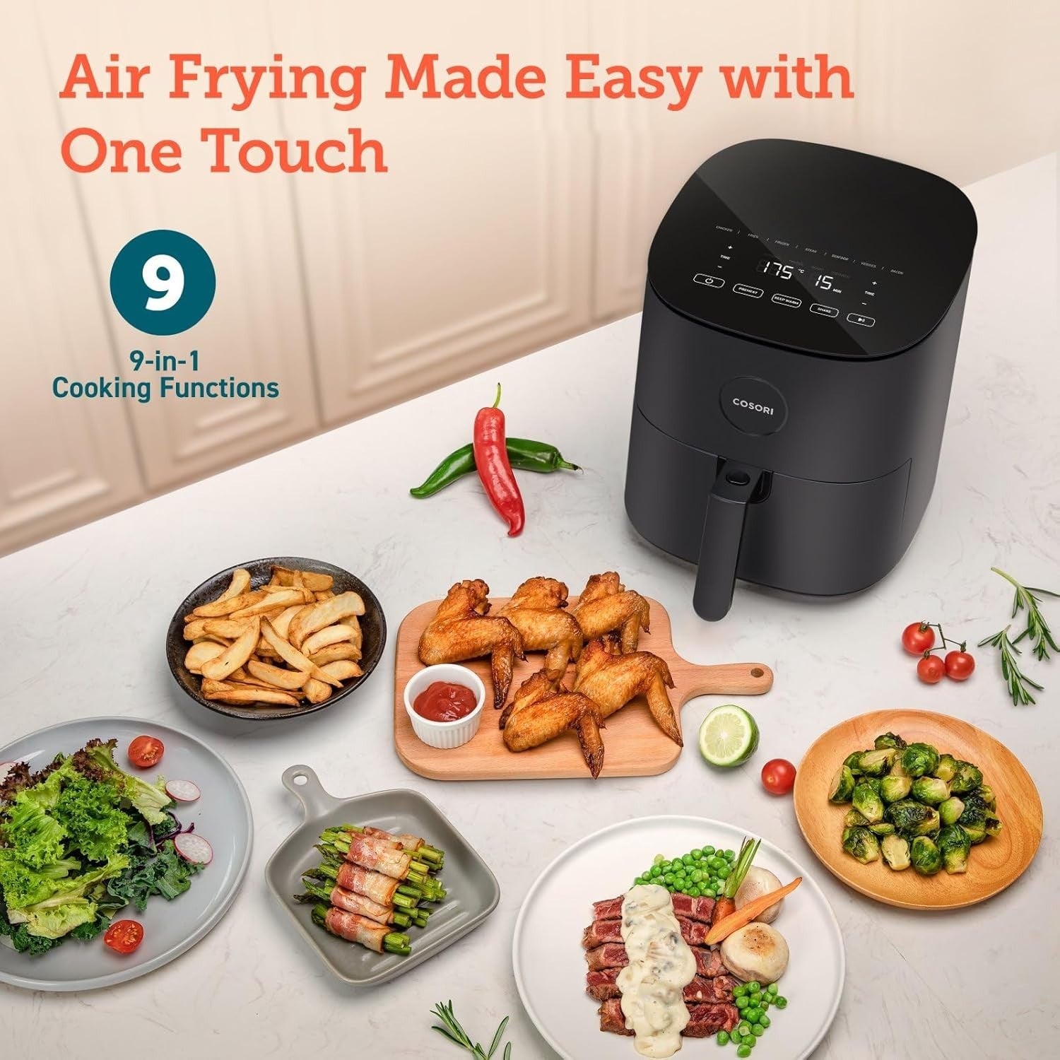 4.7L Compact Air Fryer 9-in-1 Rapid Cook Oven Max 230°C Digital Display Quiet