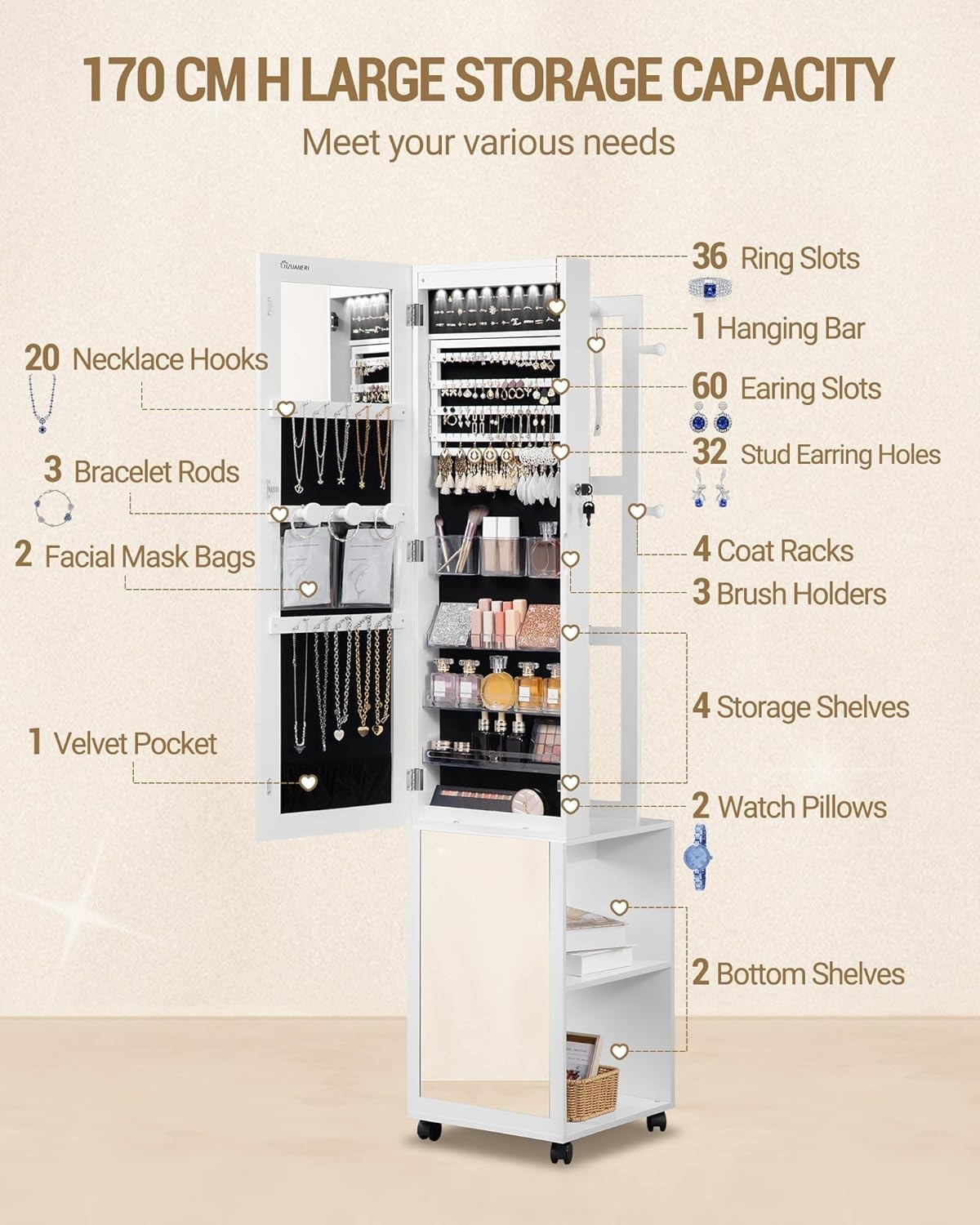 White & Black LED Jewelry Cabinet Mirror Lockable Rolling Storage Rack