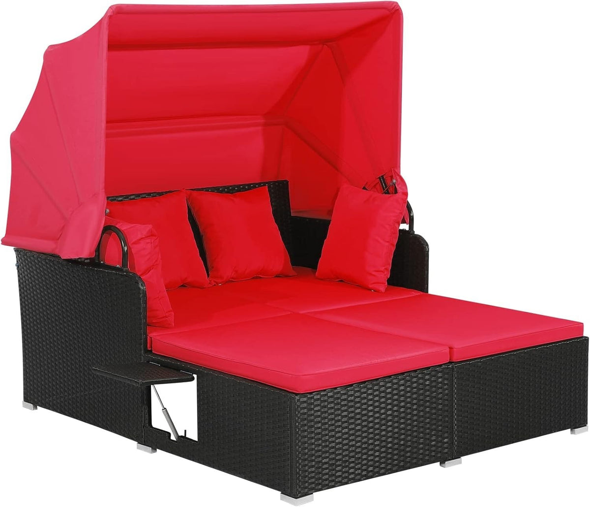 Red 2-Seater Rattan Outdoor Daybed with Retractable Canopy, Cushions & Tables