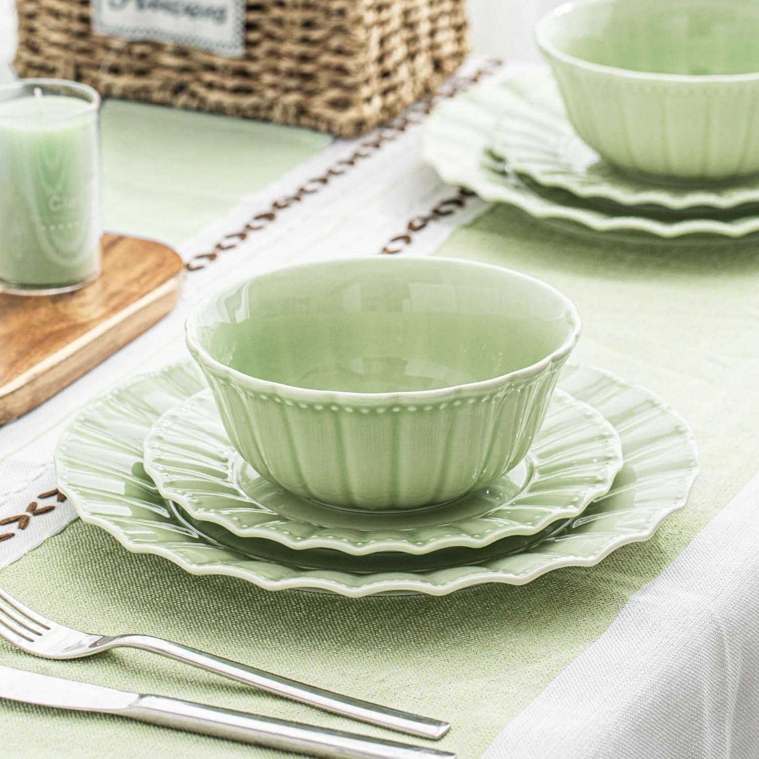 12 Piece Porcelain Dinner Set Green Plates Bowls Microwave Dishwasher Safe
