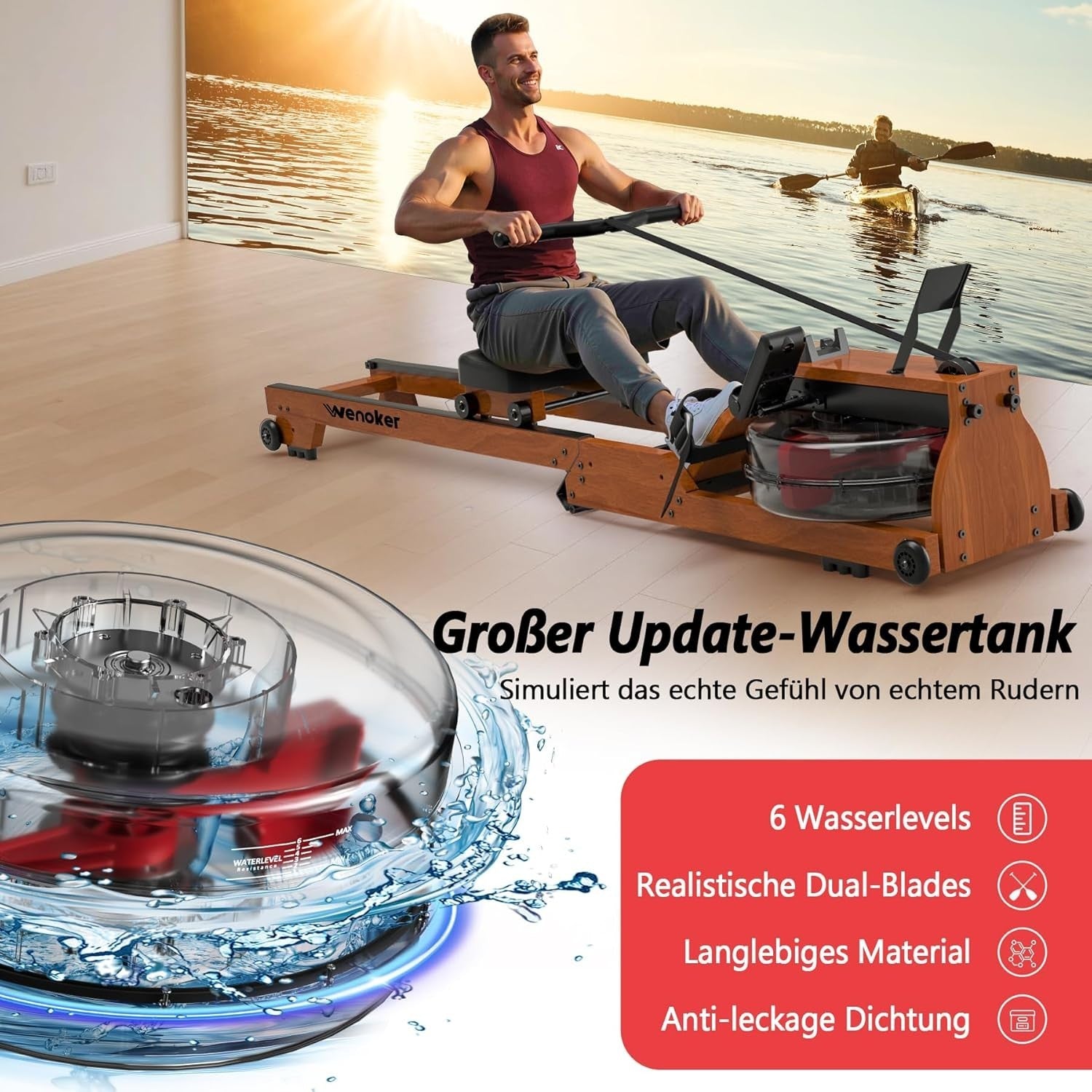 Foldable Wooden Water Rowing Machine Bluetooth LCD Quiet Dual Rail Home Gym
