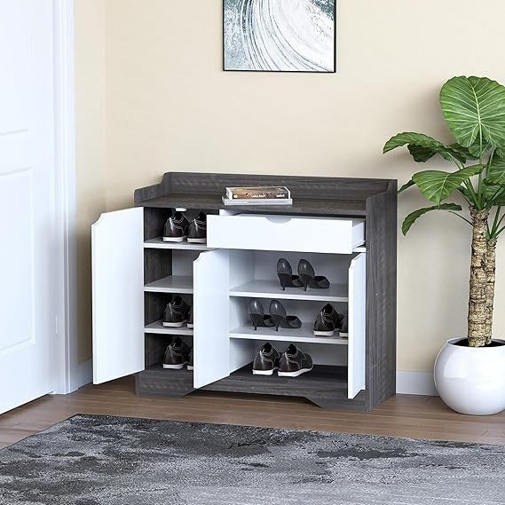 Modern Grey Shoe Storage Cabinet with Drawer & Shelf, Large Hallway Unit
