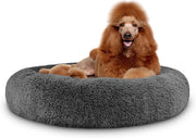 XL Plush Donut Dog Bed 114cm Calming Round Nest Grey