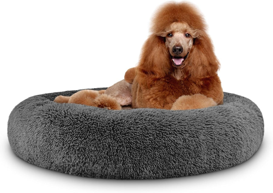 XL Plush Donut Dog Bed 114cm Calming Round Nest Grey