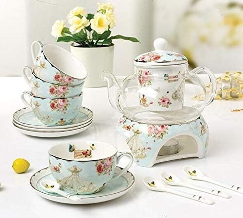 Bone China Teapot with Warmer Tea Infuser Floral Coffee Pot 500ml