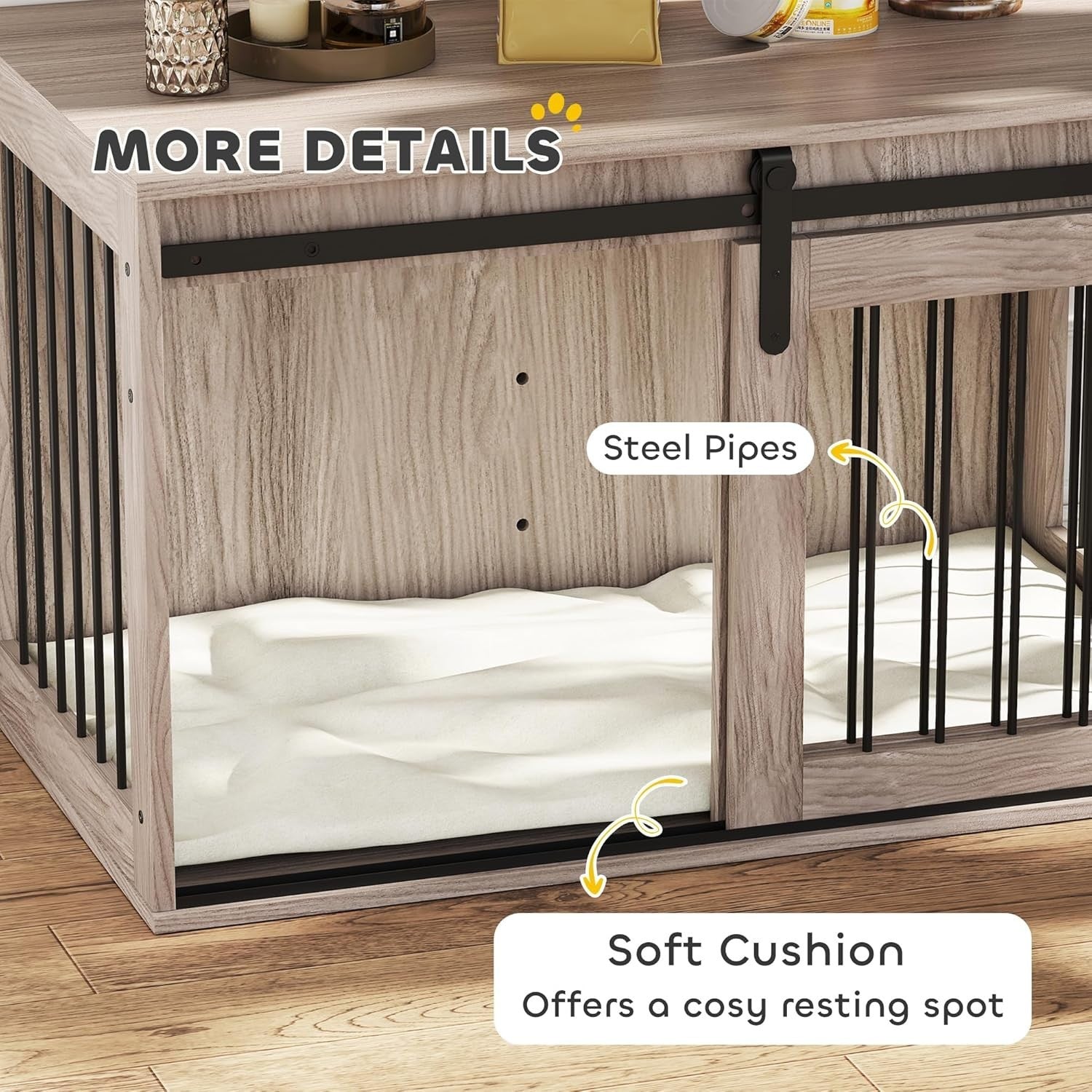 Large Indoor Dog Crate Furniture with Sliding Barn Door & Washable Cushion