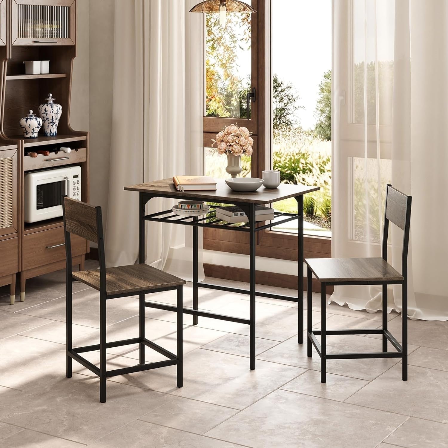 Dining Table Set Grey Storage Rack & 2 Stools, Compact Space Saving Kitchen Set