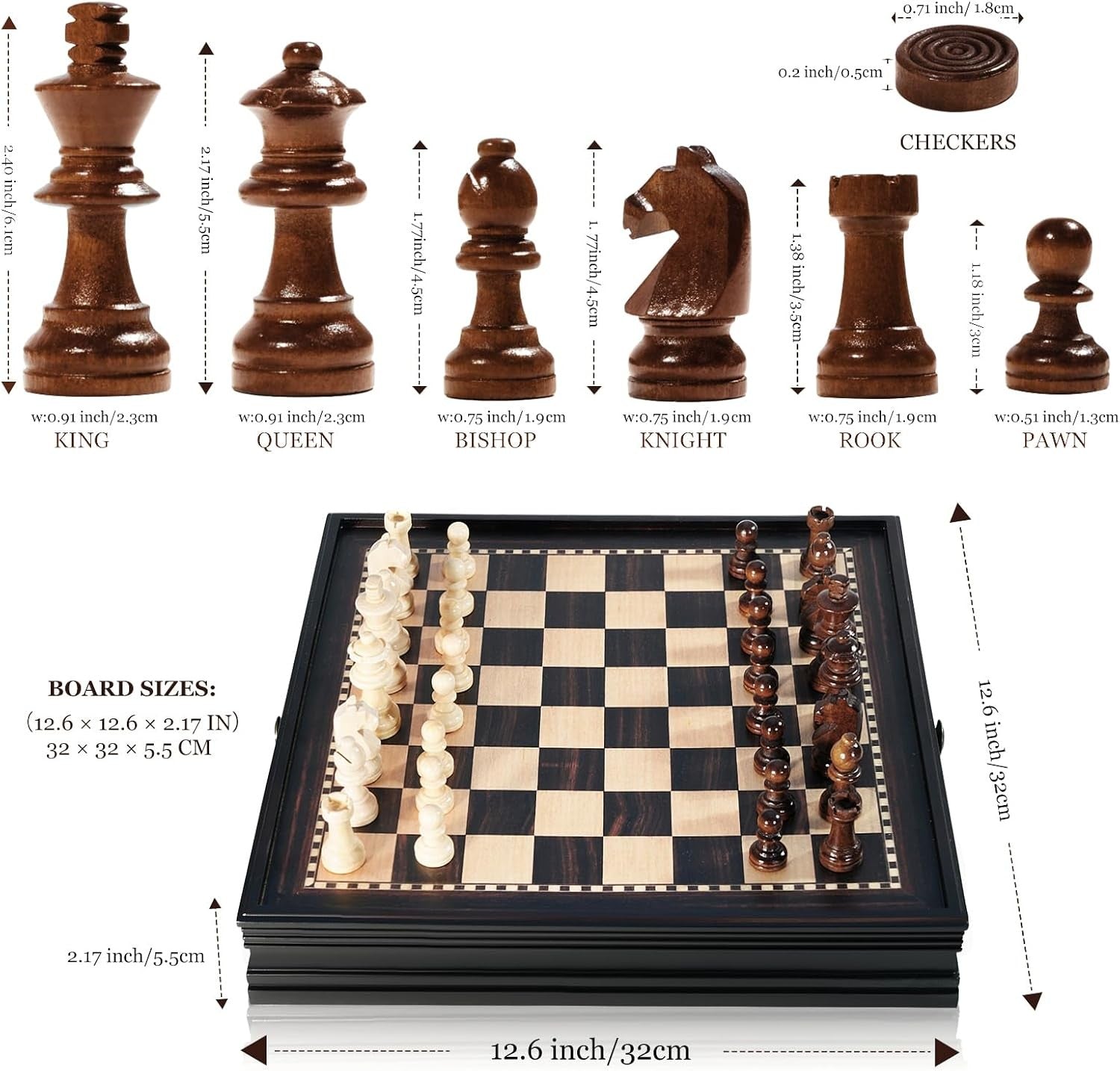 32cm Magnetic Wooden Chess Set Drawer Storage 2-in-1 Chess & Checkers